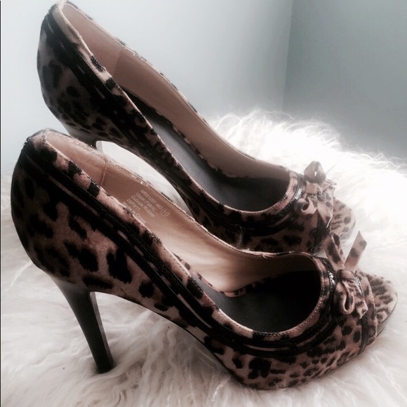 Shoes - Leopard print peep toe pumps with bow